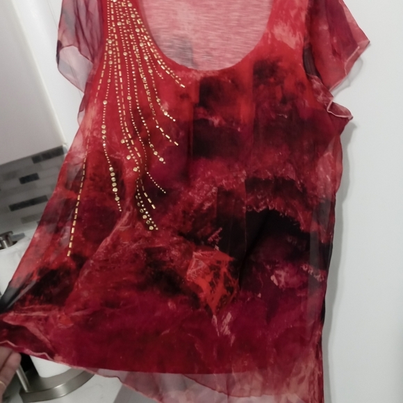 One world ombre orange Uneven hem short flutter sleeve blouse w Stud accents XL - Picture 4 of 8